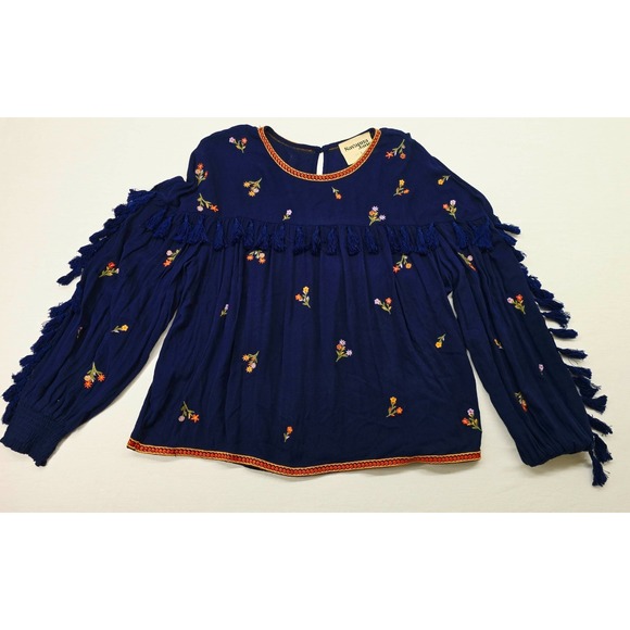 Savanna Jane Tops - Savanna Jane Peasant Top Women L Navy Floral Embroidery Fringed Boho Blouse
